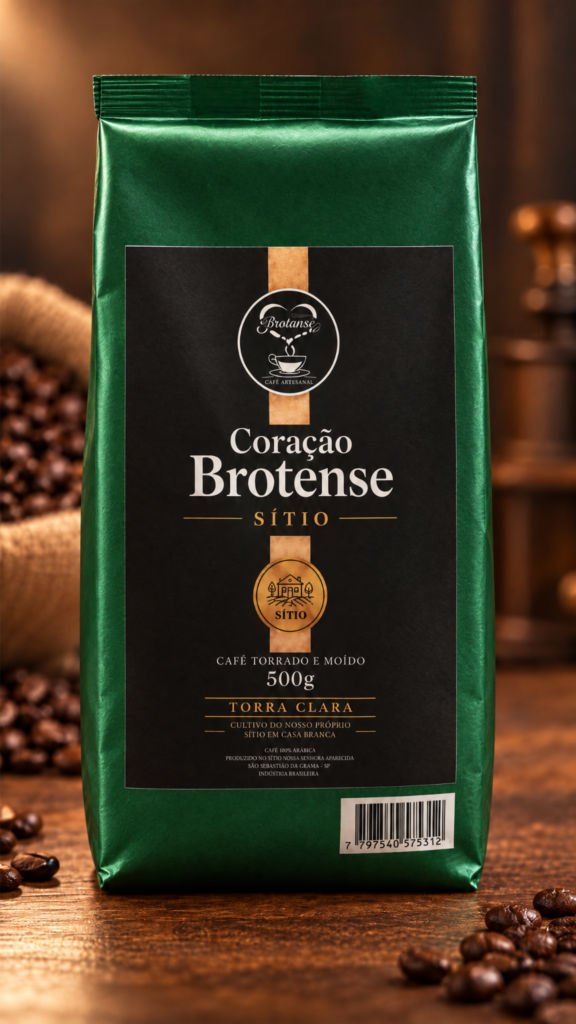 Coração Brotense Artesanal Sítio Torra Clara em embalagem verde, com cenário de café