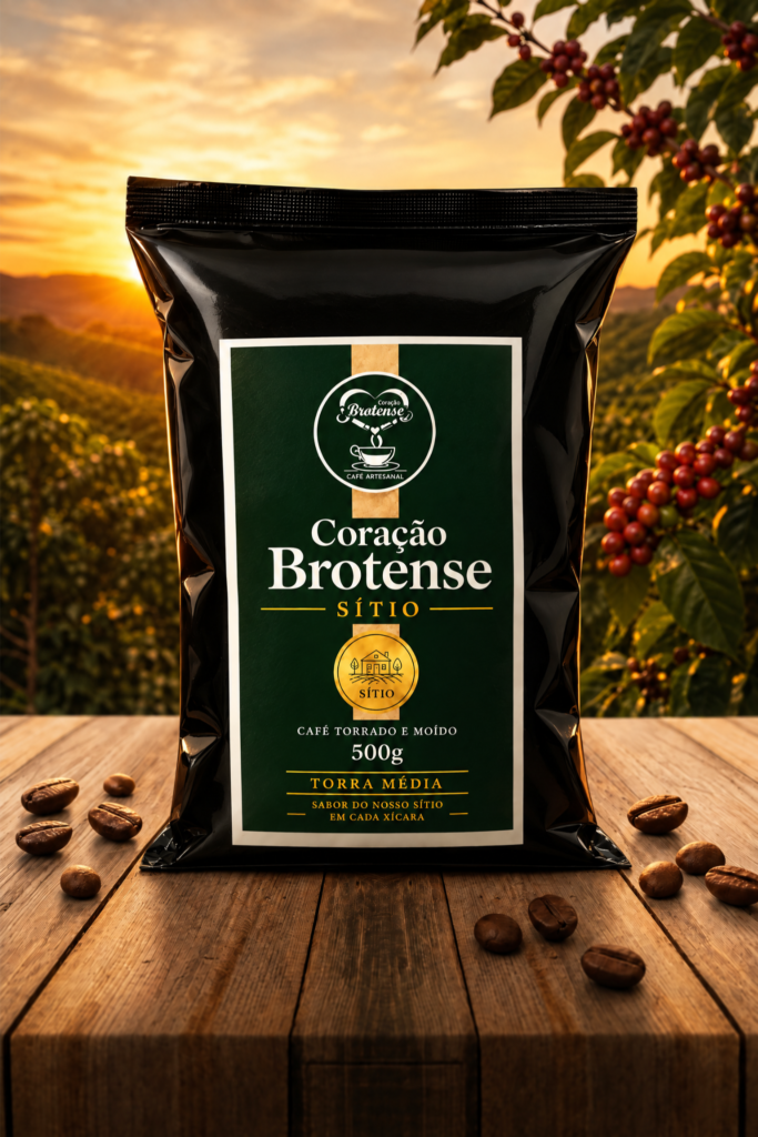 Coração Brotense Artesanal Sítio Torra Média, embalagem preta de 500g em cenário de cafezal